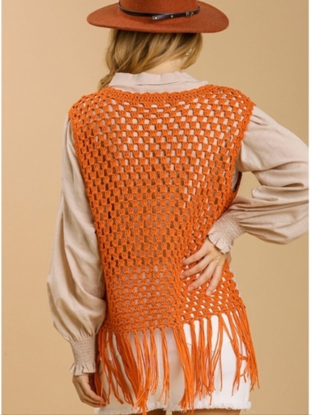 Umgee Orange Crochet Fringe Vest with Multicolor Squares L NWT - Picture 3 of 11